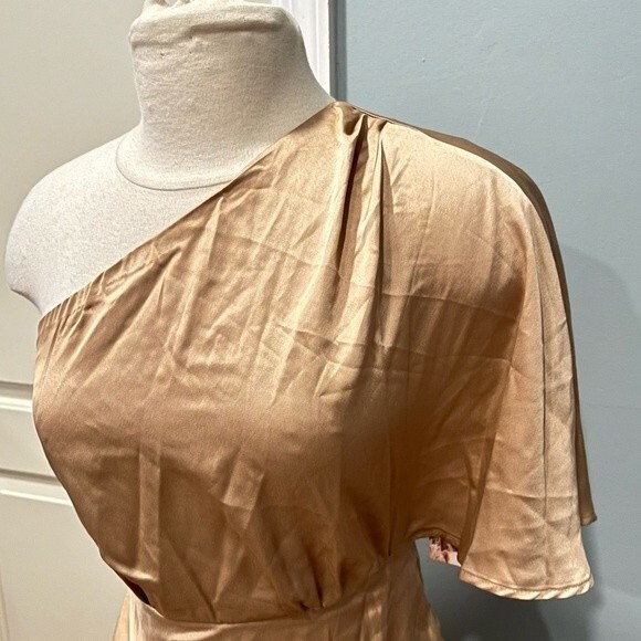 NWT Sincerely Jules Champagne Satin One Shoulder Wrap Tulip Skirt Dress Small - Picture 7 of 15